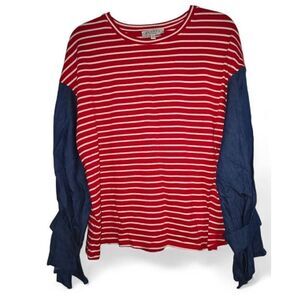 Hayden Los Angeles red White striped top featuring contrasting denim sleeves wit